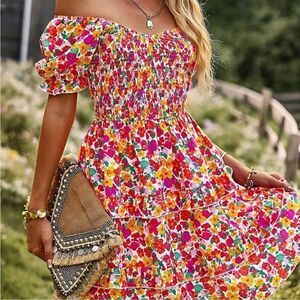 NEW WITH TAGS WOMEN’S XL NIVYEE RUFFLED LAYERED LINED PUFF SLEEVE FLORAL DRESS